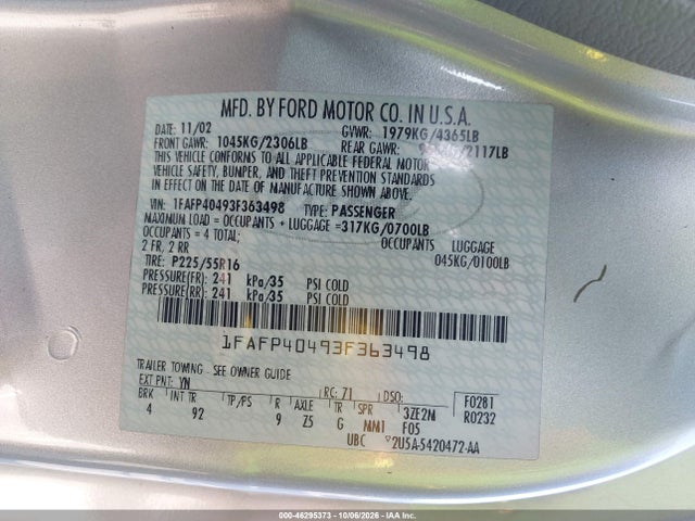 Продажа на аукционе авто 2003 Ford Mustang, vin: 1FAFP40493F363498, номер лота: 46295373