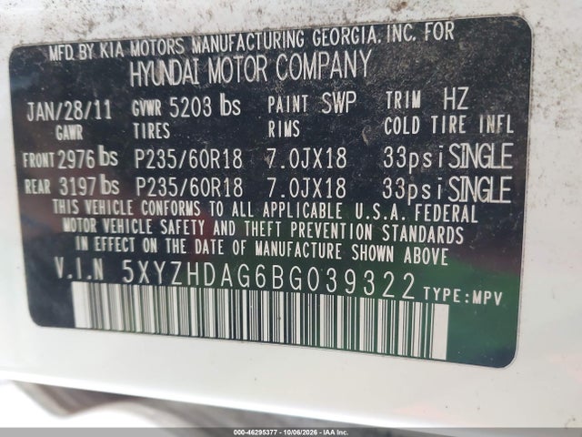 2011 Hyundai Santa Fe Se მანქანა იყიდება აუქციონზე, vin: 5XYZHDAG6BG039322, აუქციონის ნომერი: 46295377
