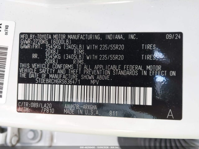 46295400 :رقم المزاد ، 5TDEBRCH6RS636471 vin ، 2024 Toyota Highlander Hybrid Platinum مزاد بيع