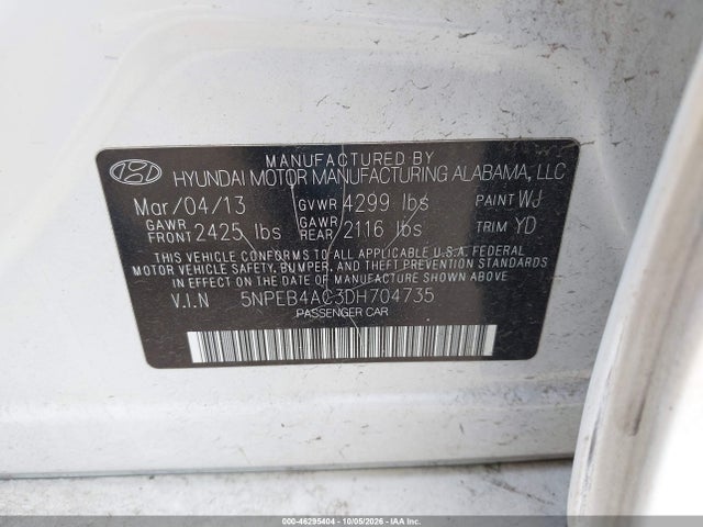Продажа на аукционе авто 2013 Hyundai Sonata Gls, vin: 5NPEB4AC3DH704735, номер лота: 46295404
