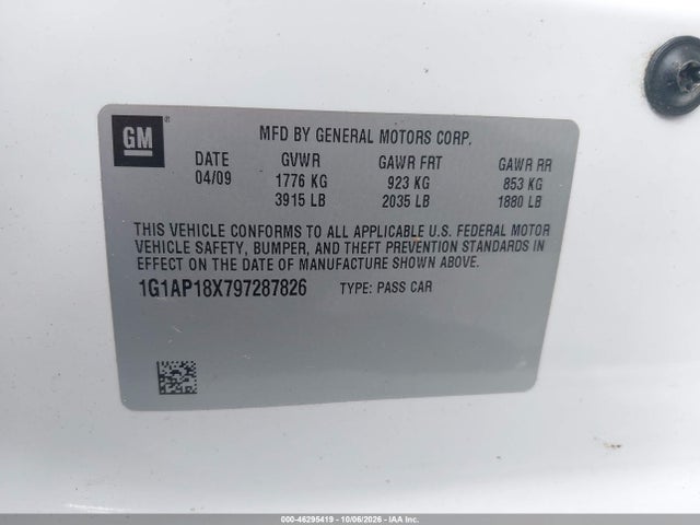 Продажа на аукционе авто 2009 Chevrolet Cobalt Ss, vin: 1G1AP18X797287826, номер лота: 46295419