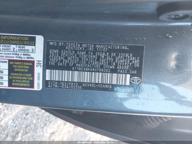 46295424 :رقم المزاد ، 4T1BE46K48U768302 vin ، 2008 Toyota Camry Le مزاد بيع