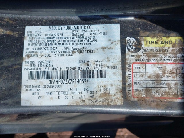 46295425 :رقم المزاد ، 3FAHP07ZX7R140527 vin ، 2007 Ford Fusion Se مزاد بيع