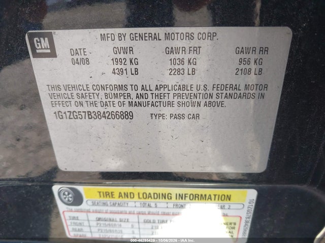 2008 Chevrolet Malibu Ls მანქანა იყიდება აუქციონზე, vin: 1G1ZG57B384266889, აუქციონის ნომერი: 46295429