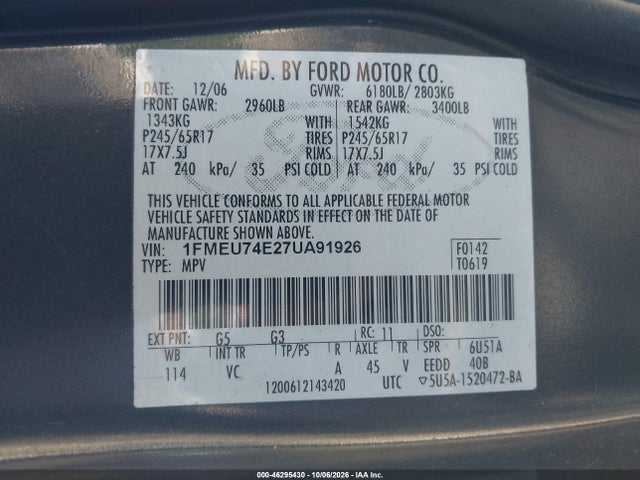 46295430 :رقم المزاد ، 1FMEU74E27UA91926 vin ، 2007 Ford Explorer Eddie Bauer مزاد بيع