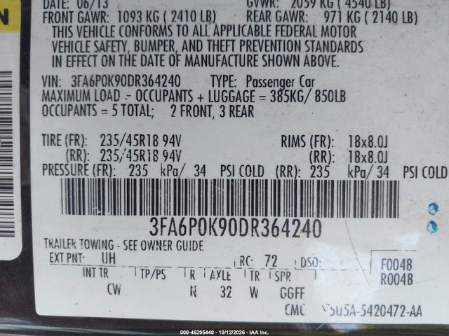 46295440 :رقم المزاد ، 3FA6P0K90DR364240 vin ، 2013 Ford Fusion Titanium مزاد بيع