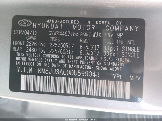 Aukcja sprzedaży 2013 Hyundai Tucson Gls, vin: KM8JU3AC0DU599043, numer aukcji: 46295446