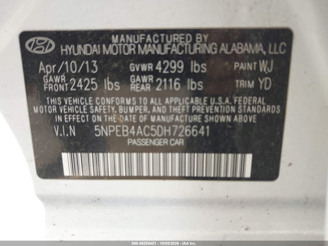 46295451 :رقم المزاد ، 5NPEB4AC5DH726641 vin ، 2013 Hyundai Sonata Gls مزاد بيع