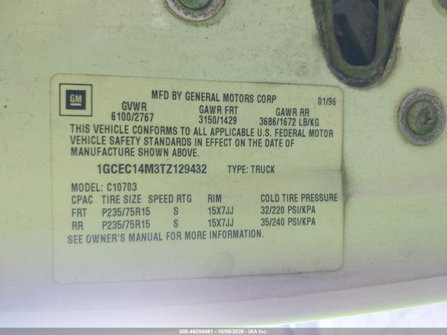 1996 Chevrolet Gmt-400 C1500 მანქანა იყიდება აუქციონზე, vin: 1GCEC14M3TZ129432, აუქციონის ნომერი: 46295461