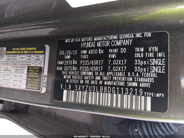 2013 Hyundai Santa Fe Sport მანქანა იყიდება აუქციონზე, vin: 5XYZU3LB8DG113219, აუქციონის ნომერი: 46295472