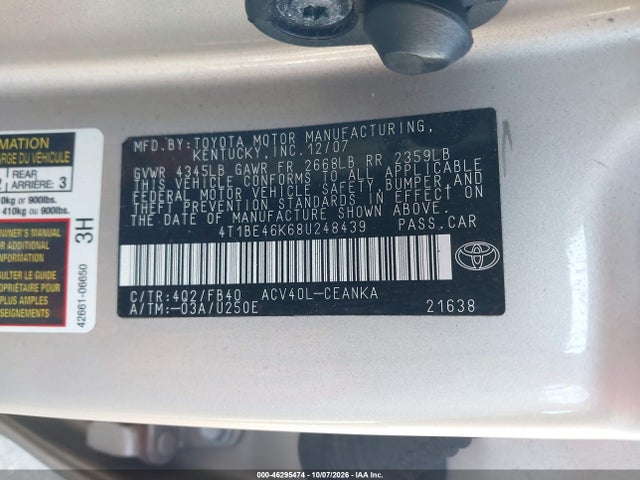 46295474 :رقم المزاد ، 4T1BE46K68U248439 vin ، 2008 Toyota Camry Le مزاد بيع