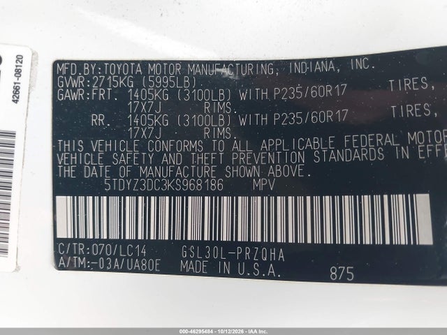 Продажа на аукционе авто 2019 Toyota Sienna Xle 8 Passenger, vin: 5TDYZ3DC3KS968186, номер лота: 46295484