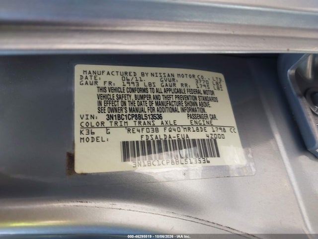 Продаж на аукціоні авто 2011 Nissan Versa 1.8s, vin: 3N1BC1CP8BL513536, номер лоту: 46295519