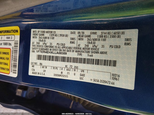 2020 Ford Ranger Xlt მანქანა იყიდება აუქციონზე, vin: 1FTER4EHXLLA68309, აუქციონის ნომერი: 46295523
