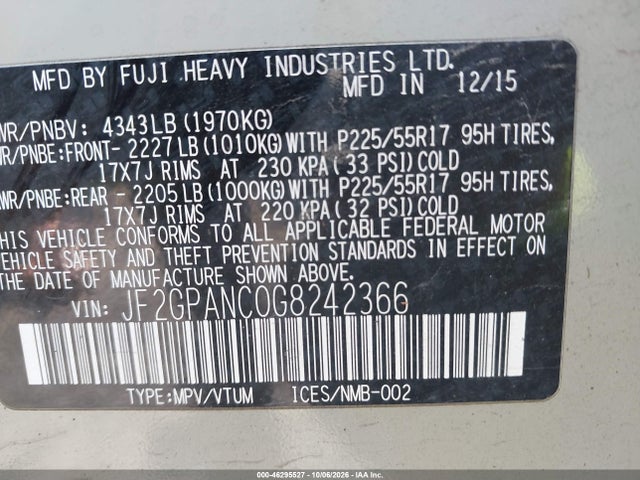 46295527 :رقم المزاد ، JF2GPANC0G8242366 vin ، 2016 Subaru Crosstrek 2.0i Limited مزاد بيع