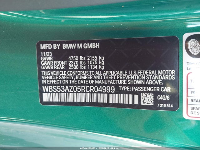 Aukcja sprzedaży 2024 Bmw M4, vin: WBS53AZ05RCR04999, numer aukcji: 46295555