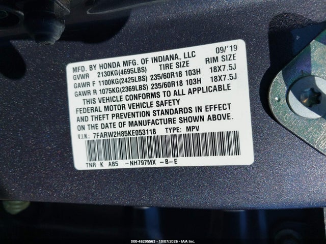 Продажа на аукционе авто 2019 Honda Cr-v Ex-l, vin: 7FARW2H85KE053118, номер лота: 46295563
