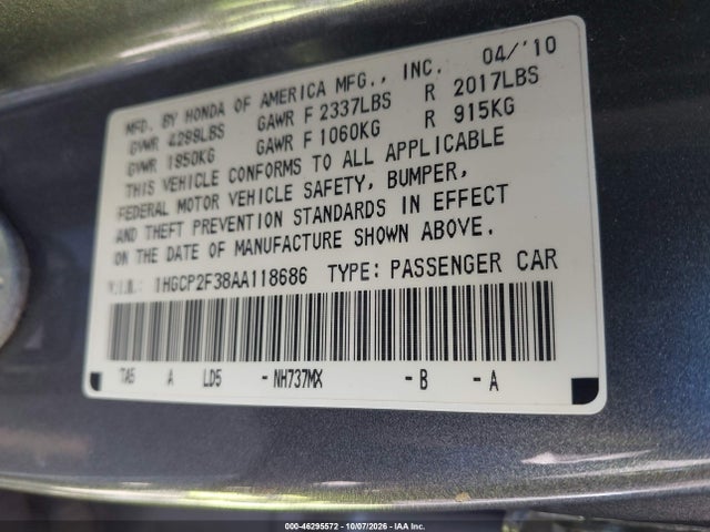 Auction sale of the 2010 Honda Accord 2.4 Lx, vin: 1HGCP2F38AA118686, lot number: 46295572