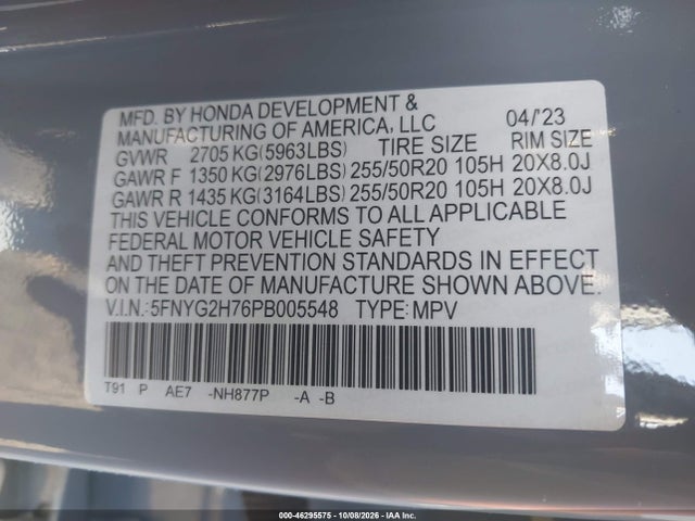 Продаж на аукціоні авто 2023 Honda Pilot 2wd Touring, vin: 5FNYG2H76PB005548, номер лоту: 46295575