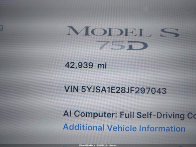 46295614 :رقم المزاد ، 5YJSA1E28JF297043 vin ، 2018 Tesla Model S 100d/75d/p100d مزاد بيع