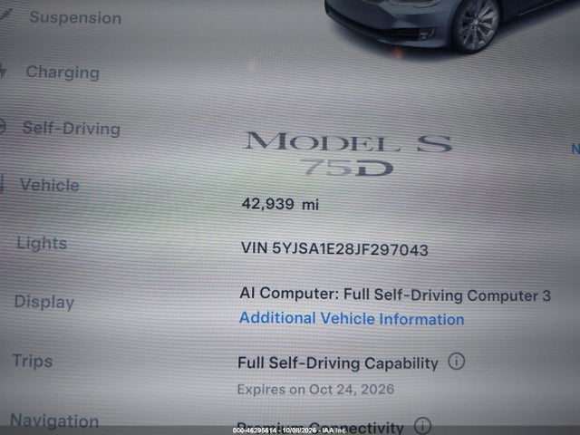46295614 :رقم المزاد ، 5YJSA1E28JF297043 vin ، 2018 Tesla Model S 100d/75d/p100d مزاد بيع