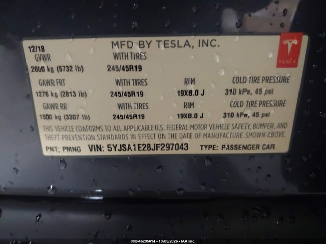 46295614 :رقم المزاد ، 5YJSA1E28JF297043 vin ، 2018 Tesla Model S 100d/75d/p100d مزاد بيع