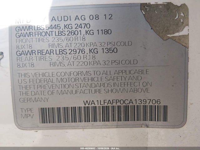Aukcja sprzedaży 2012 Audi Q5 2.0t Premium, vin: WA1LFAFP0CA139706, numer aukcji: 46295652