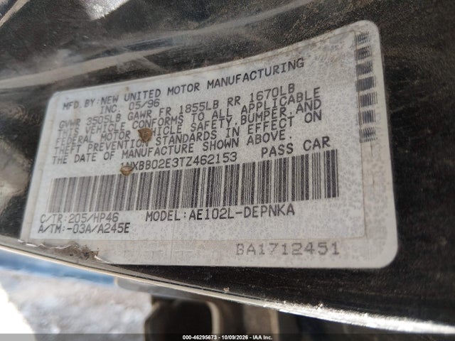 Aukcja sprzedaży 1996 Toyota Corolla Dx, vin: 1NXBB02E3TZ462153, numer aukcji: 46295673