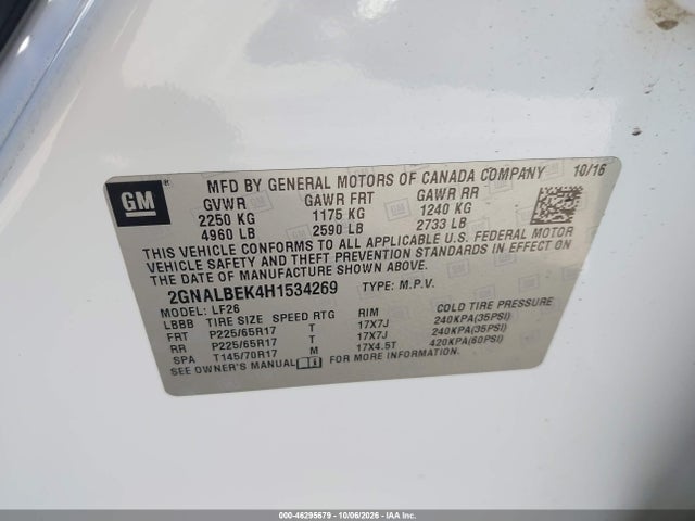 Aukcja sprzedaży 2017 Chevrolet Equinox Ls, vin: 2GNALBEK4H1534269, numer aukcji: 46295679
