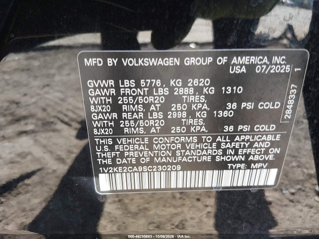 46295683 :رقم المزاد ، 1V2KE2CA9SC230209 vin ، 2025 Volkswagen Atlas Cross Sport 2.0t Se W/technology مزاد بيع