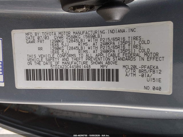 2004 Toyota Sienna Le მანქანა იყიდება აუქციონზე, vin: 5TDZA23C44S041448, აუქციონის ნომერი: 46295755