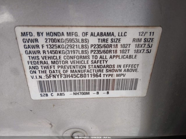 Продажа на аукционе авто 2012 Honda Pilot Ex, vin: 5FNYF3H45CB011964, номер лота: 46295823