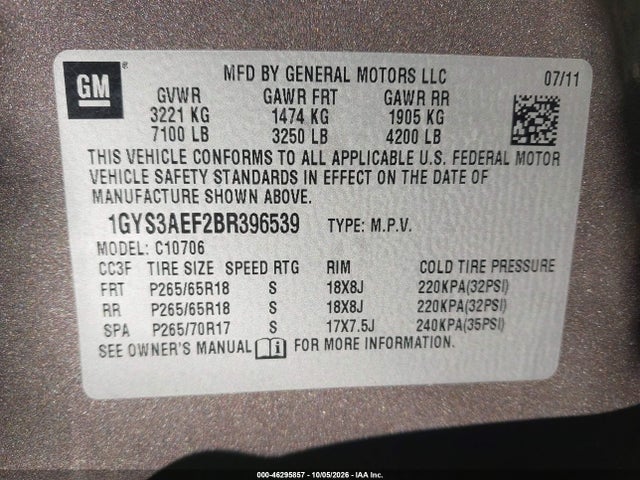 Продажа на аукционе авто 2011 Cadillac Escalade Standard, vin: 1GYS3AEF2BR396539, номер лота: 46295857