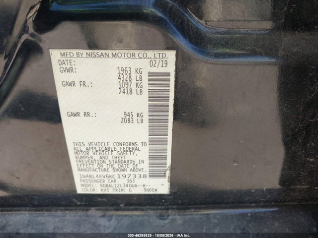 46295929 :رقم المزاد ، 1N4BL4EV6KC197338 vin ، 2019 Nissan Altima 2.5 Sl مزاد بيع