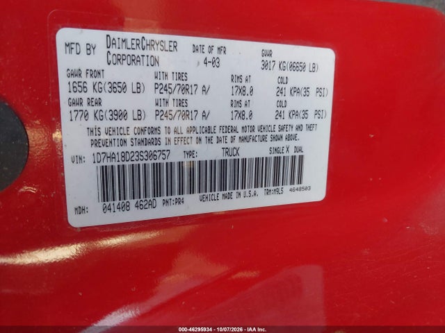 Aukcja sprzedaży 2003 Dodge Ram 1500 Slt/laramie/st, vin: 1D7HA18D23S306757, numer aukcji: 46295934