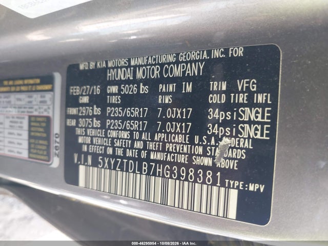 Продаж на аукціоні авто 2017 Hyundai Santa Fe Sport 2.4l, vin: 5XYZTDLB7HG398381, номер лоту: 46295954