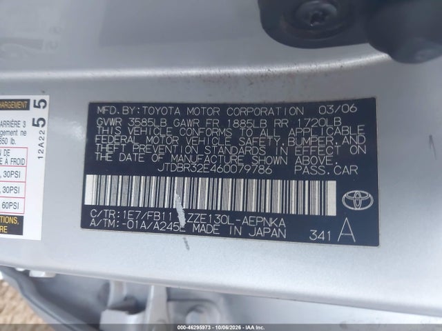 Aukcja sprzedaży 2006 Toyota Corolla Le, vin: JTDBR32E460079786, numer aukcji: 46295973