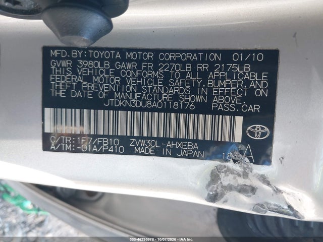 2010 Toyota Prius Iii მანქანა იყიდება აუქციონზე, vin: JTDKN3DU8A0118176, აუქციონის ნომერი: 46295978