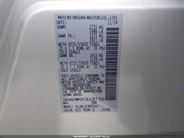 Продажа на аукционе авто 2015 Nissan Pathfinder Platinum/s/sl/sv, vin: 5N1AR2MM5FC619750, номер лота: 46296003