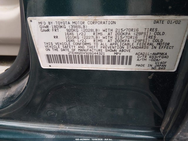 46296004 :رقم المزاد ، JTEHH20V926044321 vin ، 2002 Toyota Rav4 مزاد بيع
