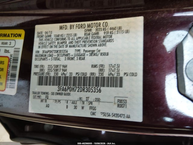 Продажа на аукционе авто 2013 Ford Fusion Se, vin: 3FA6P0H72DR305356, номер лота: 46296008