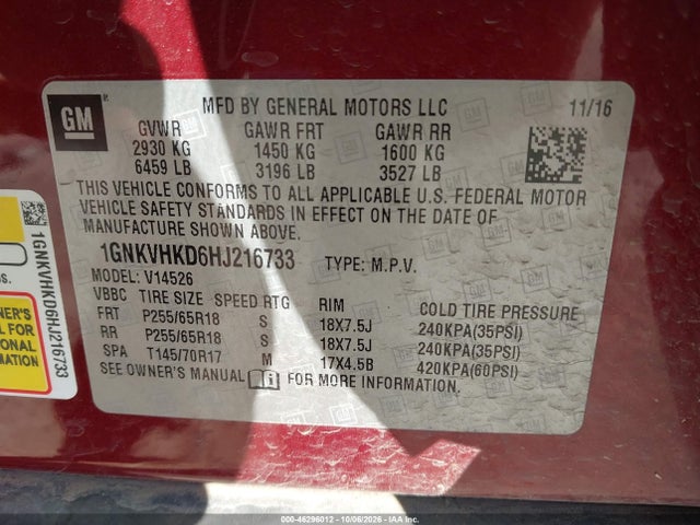 46296012 :رقم المزاد ، 1GNKVHKD6HJ216733 vin ، 2017 Chevrolet Traverse 2lt مزاد بيع