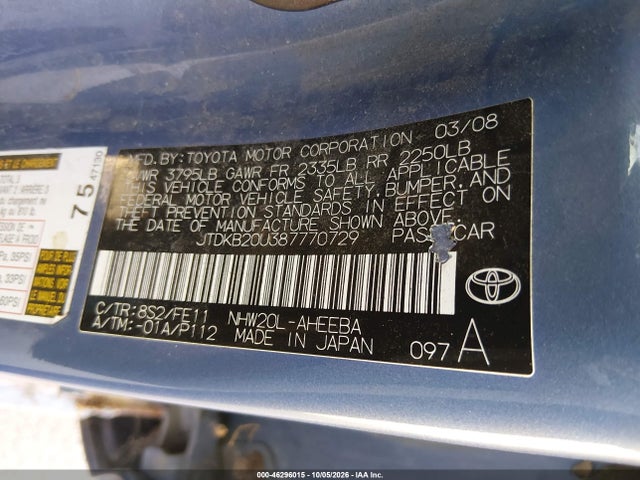46296015 :رقم المزاد ، JTDKB20U387770729 vin ، 2008 Toyota Prius مزاد بيع
