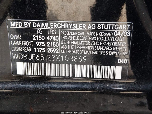 Aukcja sprzedaży 2003 Mercedes-benz E 320, vin: WDBUF65J23X103869, numer aukcji: 46296020