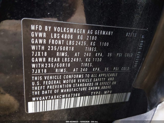 46296023 :رقم المزاد ، WVGAV7AX4CW567366 vin ، 2012 Volkswagen Tiguan Se مزاد بيع