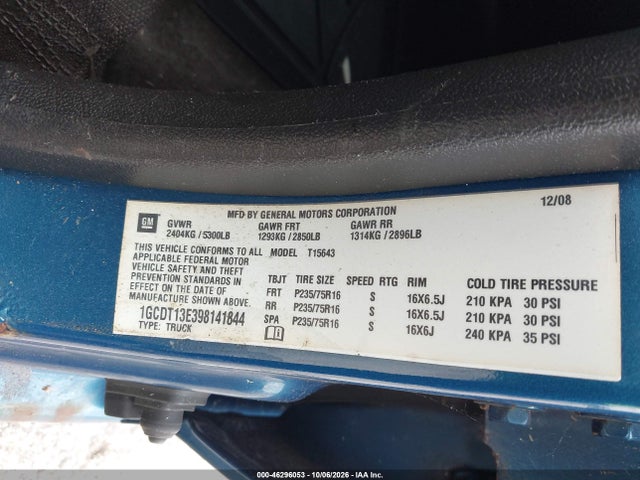 46296053 :رقم المزاد ، 1GCDT13E398141844 vin ، 2009 Chevrolet Colorado Lt مزاد بيع
