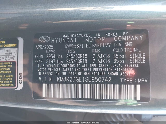 2025 Hyundai Palisade Sel მანქანა იყიდება აუქციონზე, vin: KM8R2DGE1SU950742, აუქციონის ნომერი: 46296115