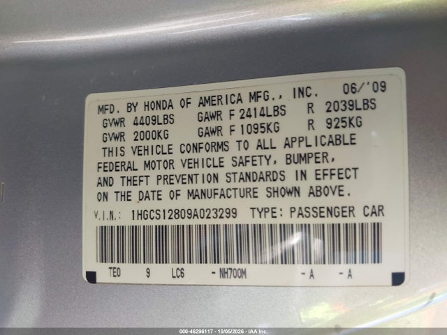 46296117 :رقم المزاد ، 1HGCS12809A023299 vin ، 2009 Honda Accord 2.4 Ex-l مزاد بيع