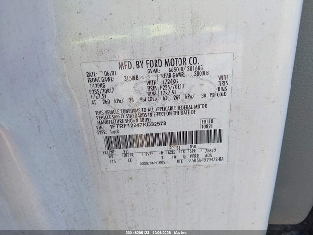 2007 Ford F-150 Stx/xl/xlt მანქანა იყიდება აუქციონზე, vin: 1FTRF12247KD32578, აუქციონის ნომერი: 46296123