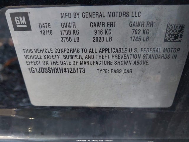 46296137 :رقم المزاد ، 1G1JD5SHXH4125173 vin ، 2017 Chevrolet Sonic Lt Auto مزاد بيع